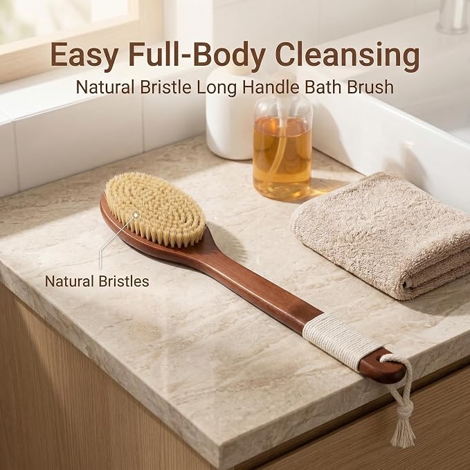 Long Handle Bristles Shower Back Scrubber, Wet Dry Bath Body Brush with Hanging Loop ，Curved Exfoliating Shower Brush for Men Women