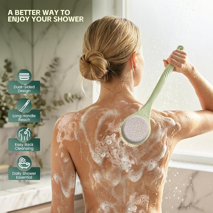 Back Scrubber for Shower, Long Handle Exfoliating Brush, Dual-Sided Bath Brush with Soft Bristles & Volcanic Pumice Stone, Anti-Slip Grip for Men & Women (Green)