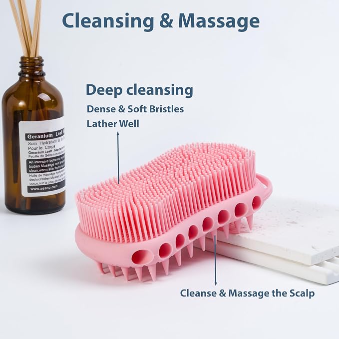 MtBoi Double-Sided Exfoliating Silicone Body Scrubber, 2-in-1 Bath Scrubber, Shampoo Brush, Silicone Loofah for All Skin Types, Shower Body Scrubber, Easy to Clean, Lather Well (Pink)