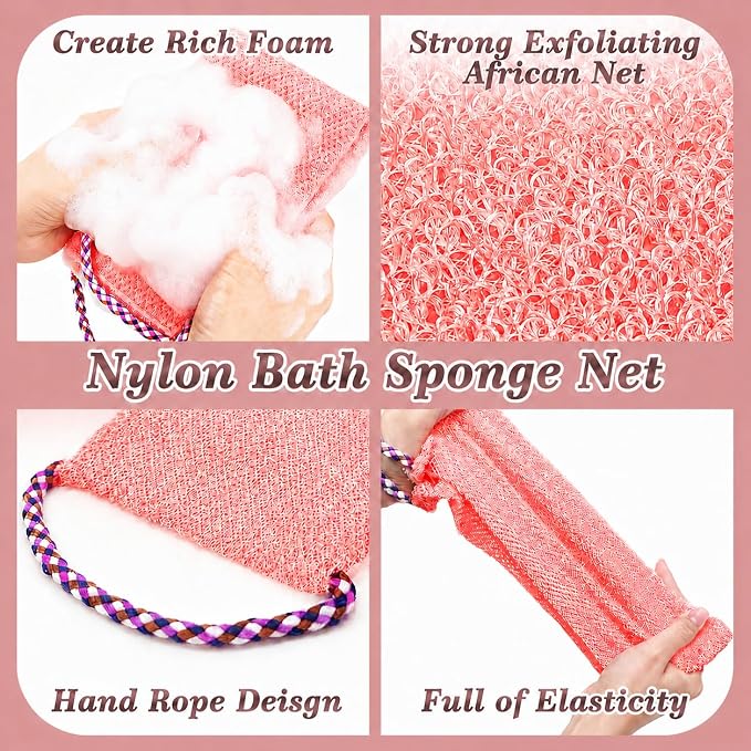 Manmihealth Silicone Back Scrubber for Shower & African Net Sponge Set | 36'' Dual-Sided Back Washer & African Long Bath Sponge, Extendable Long Silicone Body Brush (Pink+Pink)