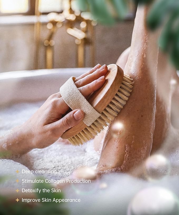 POPCHOSE Dry Brushing Body Brush, Natural Boar Bristle Exfoliating Brush | Body Scrub for Smoother Skin: Supports Cellulite Treatment, Lymphatic Drainage and Blood Circulation Improvement