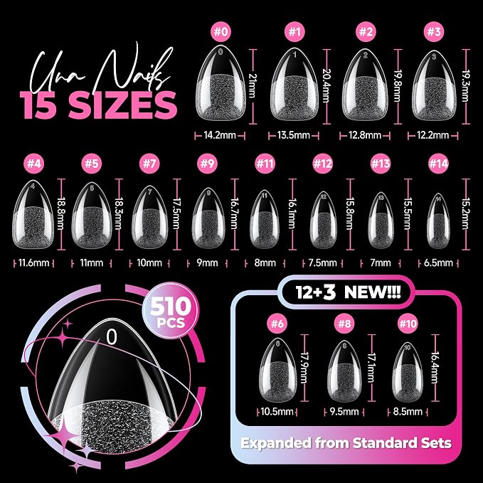 UNA GELLA Short Almond Nail Tips, 510Pcs 15 Sizes Pre-Etched Soft Gel Nail Tips Almond Shape, Half Matte Full Cover Clear Pre-shaped Fake Acrylic Nails Extensions for DIY & Salon Manicure Soak Off