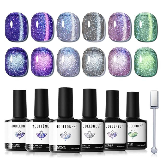 modelones Cat Eye Gel Nail Polish Set Glitter 6Colors Blue Green Purple
