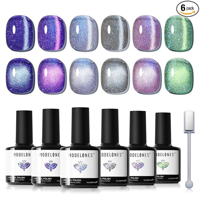 modelones Cat Eye Gel Nail Polish Set Glitter 6Colors Blue Green Purple
