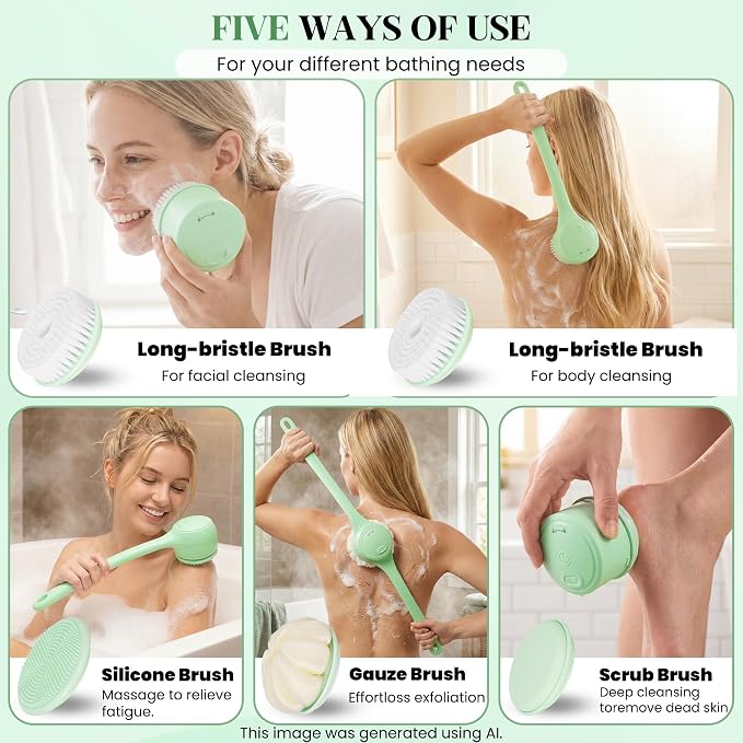 Electric Body Brush Back Scrubber for Shower，5 Replaceable Heads and Hook,Waterproof Long Dual Handle Power Body Scrubber 2 Speeds, for Cleansing Body, Exfoliating and Massaging Skin.