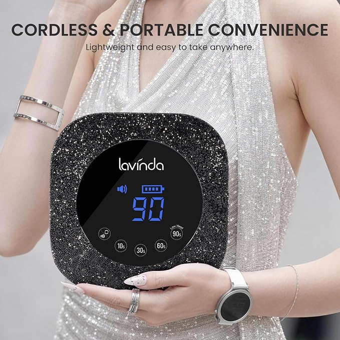 Lavinda 54W UV Nail Lamp Cordless, UV Light for Gel Nails Black Rhinestone | Professional Fast Curing Lamp Nail Dryer, Rechargeable UV LED Nail Lamp Nail Light with 4 Timers and LCD Display