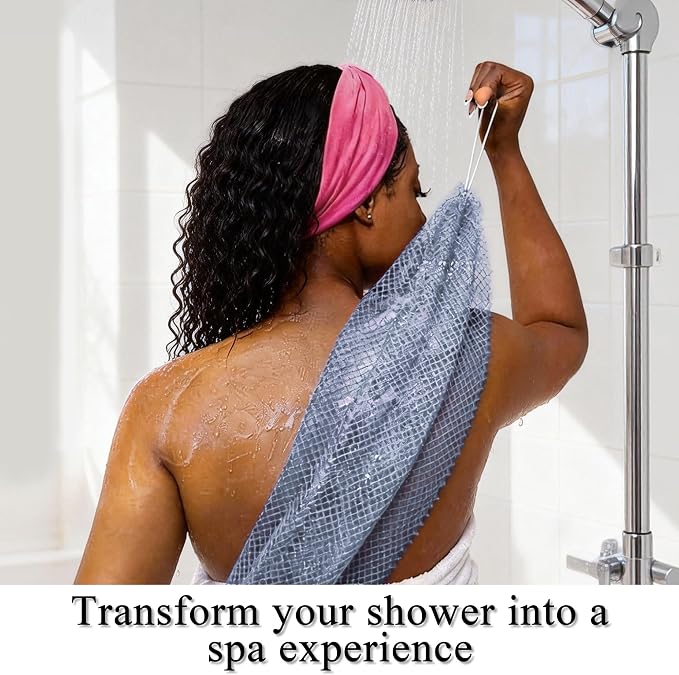 SubSahara Authentic African Net Sponge,2 Pack 45-in Exfoliating Bath Sponge and Shower Loofah for Body and Back,Colorfast Quick-Dry Knotted Mesh Scrubber with Travel Pouch(Slate Blue&Bean Paste Pink)