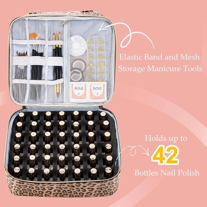 Uross Nail Polish Organizer Bag Holds 42 Bottles Nail Polish & Nail Lamp, Gel Nail Polish Organizers and Storage box for Nail Tech, Nail Kit Supplies Organizer Case - Leopard