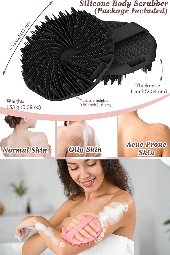 Manmihealth 5 PCS Silicone Body Scrubber Shower Mitt with Soap Bag Set | Upgrade Super-Exfoliating Shower Scrubber with Non-Slip Hand Strap, Silicone Body Buffer Shower Brush (Black+Pink)