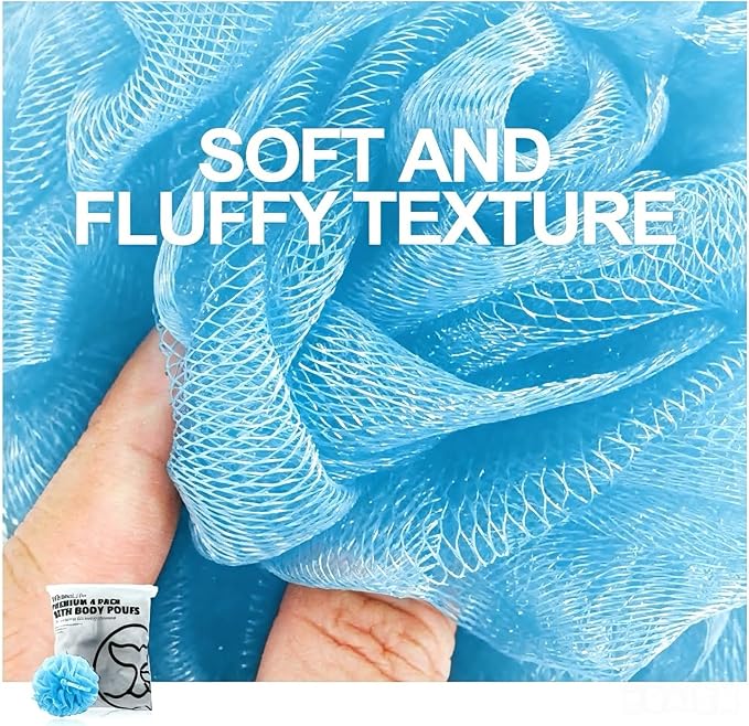 Loofah Bath Sponges - Gentle Exfoliating Shower Loofah for Rich Lather, Durable Mesh Body Scrubber for Men & Women 4 Pack (Sky Blue) | 10X Suds Save Body Wash Double Knotted Anti Tear Core Fast Dry Cotton Loop Stay Fresh Large Mesh for Sensitive Skin