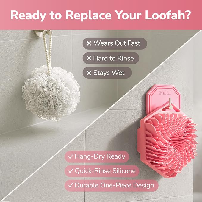 SILKLE Silicone Body Scrubber Exfoliator, Shower Scrubber & Silicone Loofah | Exfoliating Body Scrubber, Non-Slip Grip - Silicone Bath Brush & Shower Brush for Body, Quick-Rinse One-Piece Design - Pink