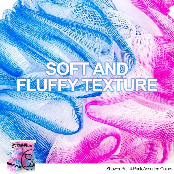 Loofah Sponge Bath Sponge for Women Men 4 Pack (Blue Pink Conbine) | 10X Suds Save Body Wash Double Knotted Anti Tear Core Fast Dry Cotton Loop Stay Fresh Large Mesh for Sensitive Skin