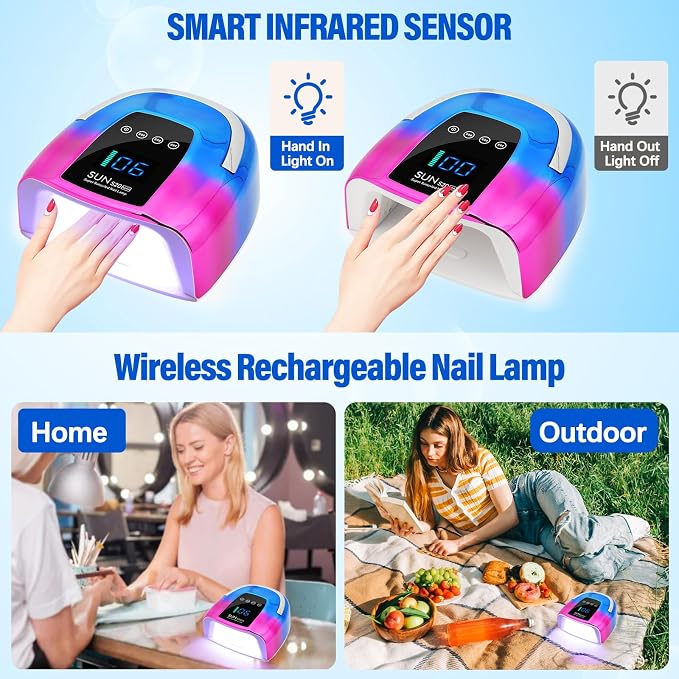 UV LED Nail Lamp Cordless,128W Portable Rechargeable UV Light for Gel Nails, Professional Gel Light Dryer with 3Timers Auto Sensor Nail Machine Curing Lamp for Salon & Home