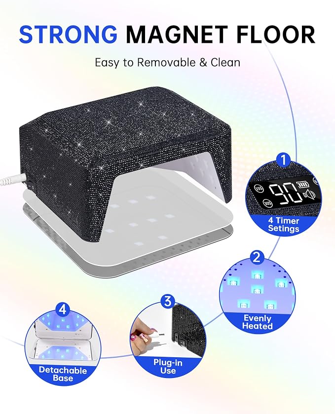 UV LED Nail Lamp, Plug-in Nail Dryer UV Light for Gel Nails Salon & Home | 39 Beads | 96W | Auto Sensor | Detachable Base | 4 Timers | Rhinestone | Black Sparkly