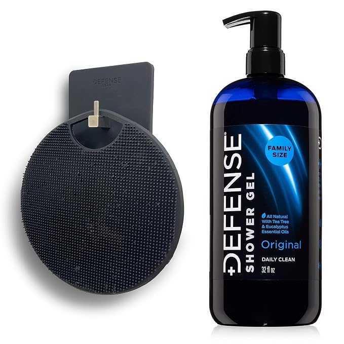 Defense Soap Body Wash 32 oz with Tea Tree, Eucalyptus, Rosemary & Aloe + Silicone Body Scrubber & Shower Hook | Complete Cleansing & Exfoliation Set for Athletes, Families, and Active Lifestyles