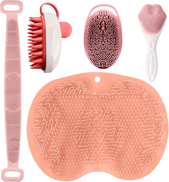 5 PCS Silicone Loofah Body Scrubber Care Set – Back Scrubber, Face Brush, Foot Scrubber, Shampoo & Scalp Brush, Silicone Body Scrubber with Handle (Pink)