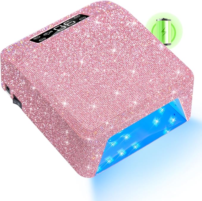 UV Light for Gel Nails, Cordless UV Nail Lamp, Professional Salon & Home | 39 Beads | 96W | 6000mAh Rechargeable | Smart Sensor | Detachable Base | 4 Timers | Rhinestone Pink Sparkly