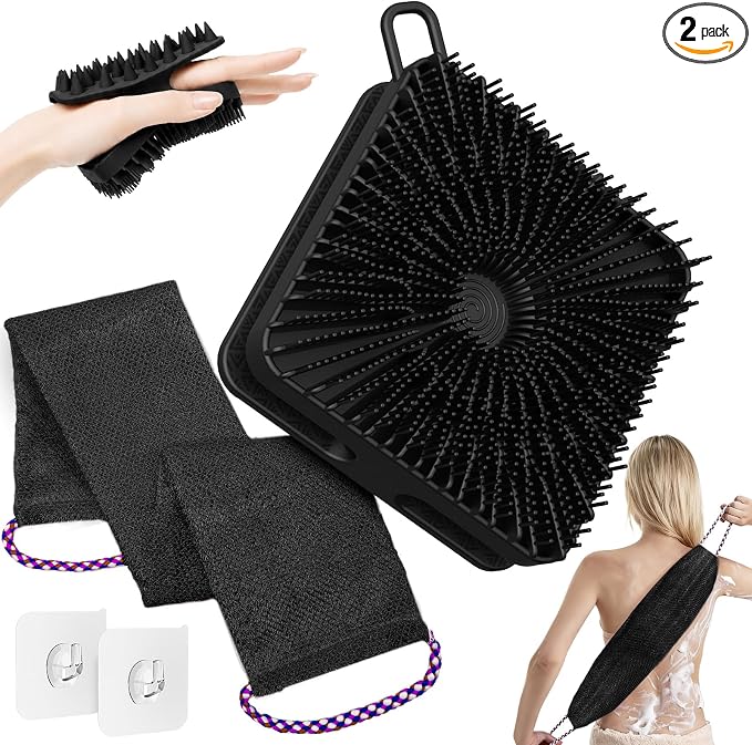 Manmihealth Dual-Sided Silicone Body Scrubber & African Bath Sponge Net Set | 2-in-1 Silicone Shower Shampoo Brush Africa Wash Net, Lather Well, Strong Exfoliating, Body Hair Wash (Black)