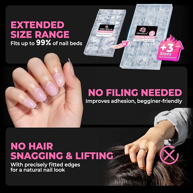 UNA GELLA Short Almond Nail Tips, 510Pcs 15 Sizes Pre-Etched Soft Gel Nail Tips Almond Shape, Half Matte Full Cover Clear Pre-shaped Fake Acrylic Nails Extensions for DIY & Salon Manicure Soak Off