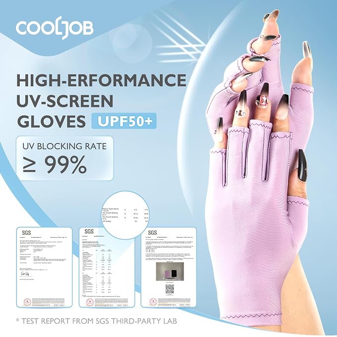 COOLJOB Anti-UV Gloves for Nail Lamp, Professional UPF50+ UV Protection Glove for Manicures, Art Skin Care Fingerless, Women Men Protect Hands from Sun and Nail Dryer Harm, Purple, 1 Pair