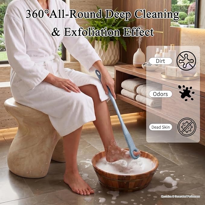 2 Pack Toe Cleaning Brush with 15.7" Long Handle, Silicone Foot Scrubber & Exfoliating Anti-Itch Brush for Bath & Feet, No-Bend Long Reach Feet Cleaner for Seniors & Daily Living (Grey)