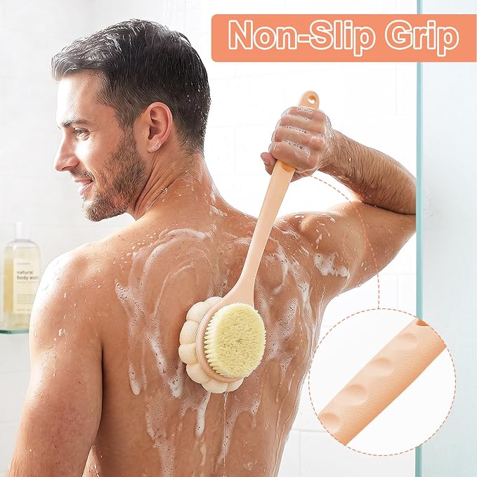 Back Scrubber for Shower with Long Handle, Double-Sided Shower Brush for Body, Loofah Back Scrubber & Bristle Bath Brush, Back Brush for Shower Exfoliating Hard-to-Reach Areas, Bath Brush Long Handle