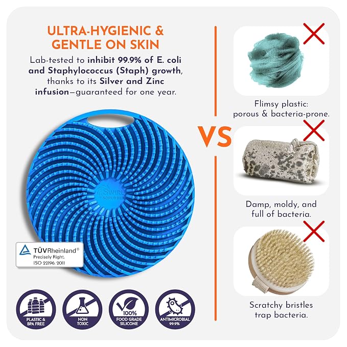 Antimicrobial Silicone Body Scrubber - Blue - Shower Hanger & Sticker, Lymphatic Support, Deep Exfoliation-Cleansing, Family Hygiene | Deep-cleansing exfoliating shower scrubber includes hanger and wall sticker for convenient family hygiene