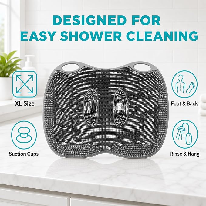 XL Silicone Shower Foot Scrubber Mat with Suction Cups, Foot Washer for Shower, Foot and Back Scrubber for Smooth Shower Wall or Floor, Grey, 17.32 x 12.99 in