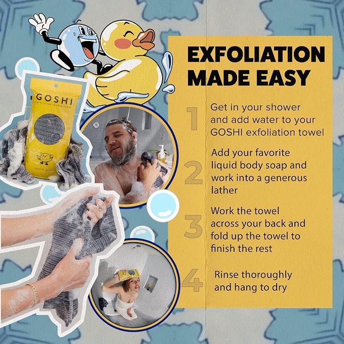 GOSHI Exfoliating Shower Towel - Long Body Scrubber, Grey | For back acne, KP & smooth skin, durable quick dry nylon washcloth, ethically crafted in Gunma, Japan