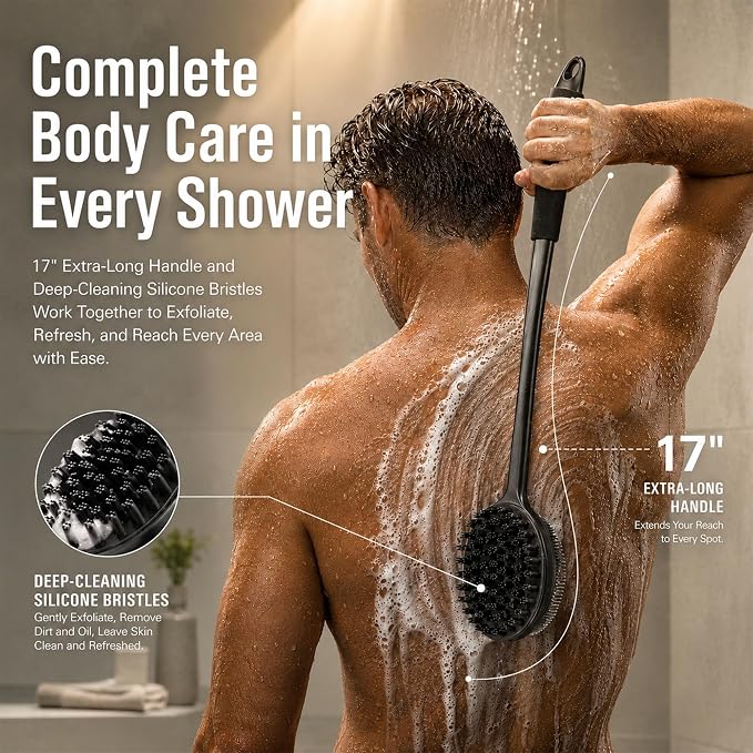 Silicone Back Scrubber for Shower, 17" Lengthen Long Handle Body Brush, Double Sided Shower Brush for Shower Exfoliating and Massage, Can Produce Rich Foam, Non Slip Grip Back Scrubber for Men