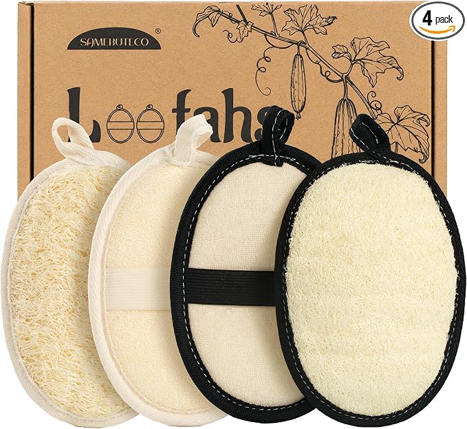 SAMEBUTECO Loofah Shower Scrubber Pads with Terry Cloth Backing, 4 Pack Black White