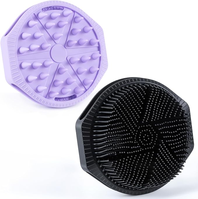 MtBoi 2 Pack Silicone Exfoliating Body Scrubber, Soft Silicone Loofah for Sensitive Skin, 2-in-1 Body Brush & Shower Head Massager, Easy to Clean, Rich Lather (Black&Purple)
