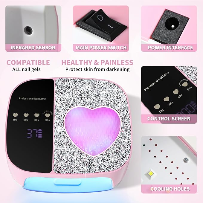 Nail Lamp Cordless, Rechargeable UV Light for Gel Nails, Professional Gel Light Dryer with 4 Timers, Professional Fast Curing, UV Light for All Gel Nails, Ideal for Salon & Home (Pink, Rechargeable)