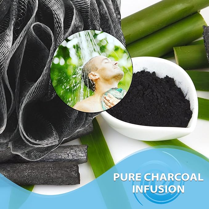 SHOWER BOUQUET Loofah-Charcoal Bath-Sponge XL-Color-4-Pack Extra-Large 75g | Soft Mesh Luffa Loufa Loofa Puff Set / Exfoliating Body Scrubber Lufas for Women and Men - Face & Body Shower Loofah Sponge
