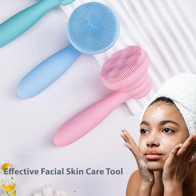 MtBoi 2 PC Silicone Facial Cleansing Brush Facial Scrubber Manual Exfoliating Facial Brush Face Cleanser Face Exfoliator Ultrafine Bristles for Sensitive Skin Easy to Clean Lather Well (Pink&Blue)