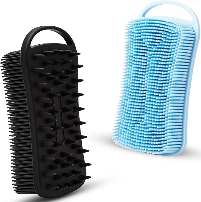 MtBoi 2 PC Silicone Body Scrubber, 2 in 1 Exfoliating Shower Bath Scrubber, Soft Silicone Loofah for Sensitive Skin, Shower Hair Scalp Massager, Easy to Clean, Lather Well (Blue&Black)