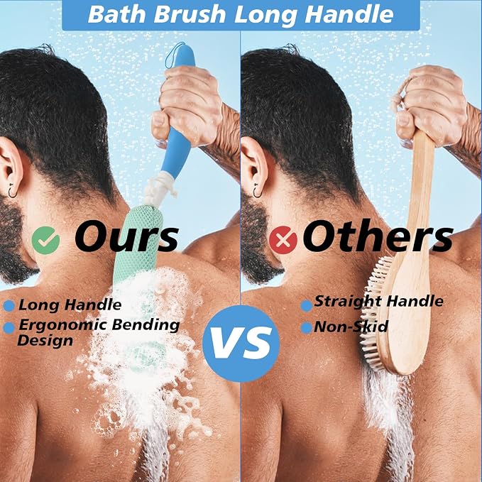 Back Bath Brush with Sponge, 15.35"Back Scrubber with Anti-Slip Long Handle | Back Scrubber for Shower, Curved Long Handle Bath Body Brush for Elderly Aid Bathing and Shower, Exfoliating Body Scrubber