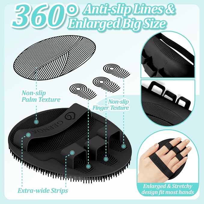 Upgrade Silicone Bath Glove with Straps, 360° Anti-Slip & Enlarged Exfoliating Body Scrubber for Rich Foaming Deep Cleaning, No-Grip & Hand-fit Shower Scrubber for All Skin Types(Blackx2)