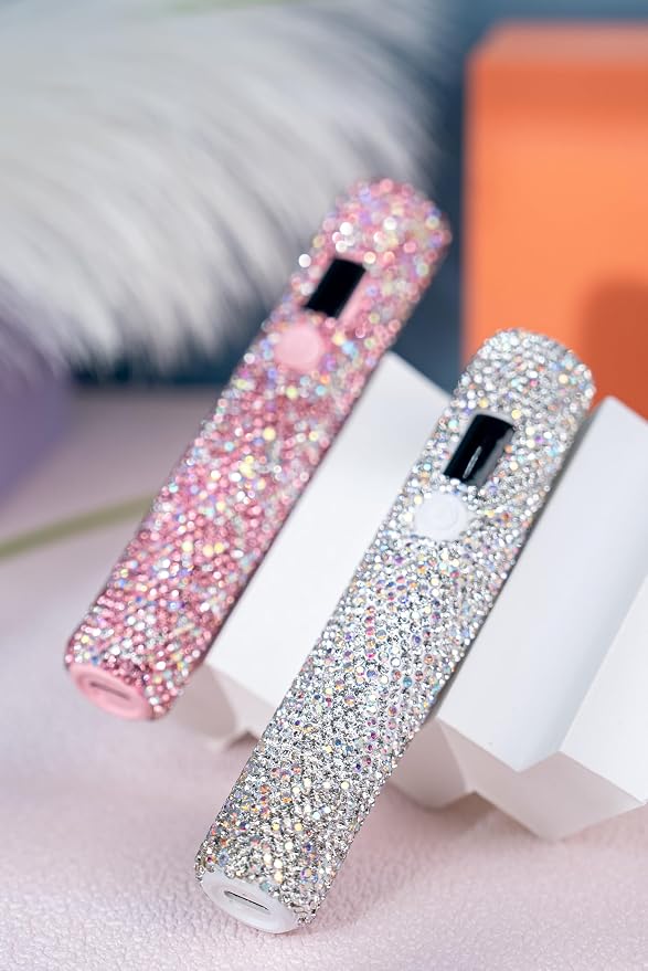 Handheld UV Light with Sparkly Rhinestones White | Portable LED Nail Lamp, Wireless USB Nail Dryer with Silicone Stamper Display Screen for Fast Curing Home DIY Manicure