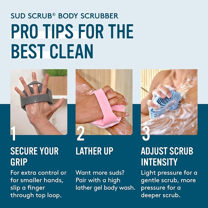 Sud Scrub® Antimicrobial Silicone Body Scrubber, Exfoliating Body Brush for Sensitive Skin, Antibacterial Shower Scrubber for Body, Bathroom Essentials for Men & Women, Blue