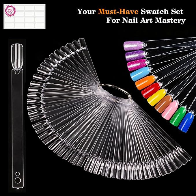 PEACECOLOR 100 Pcs Nail Swatch Sticks with Ring, Nail Color Swatches Display Kit with 120 Blank Number Sticker & Protective Container Box - Clear Fan-Shaped Swatch for Nail Art Practice Home and Salon