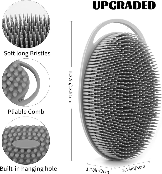Soft Silicone Body Scrubber Loofah, 2 PCS Soft Silicone Loofah 2 in 1 Bath and Shampoo Brush Cleaning Exfoliating Use for Sensitive Skin, Lather Well, Grey and Pink