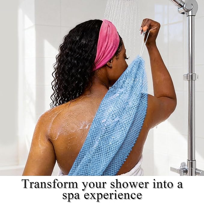 SubSahara Authentic African Net Sponge, 5 Pack 45-Inch Exfoliating Bath Sponge and Shower Loofah for Body and Back, Colorfast Quick-Dry Knotted Mesh Scrubber with Travel Pouch