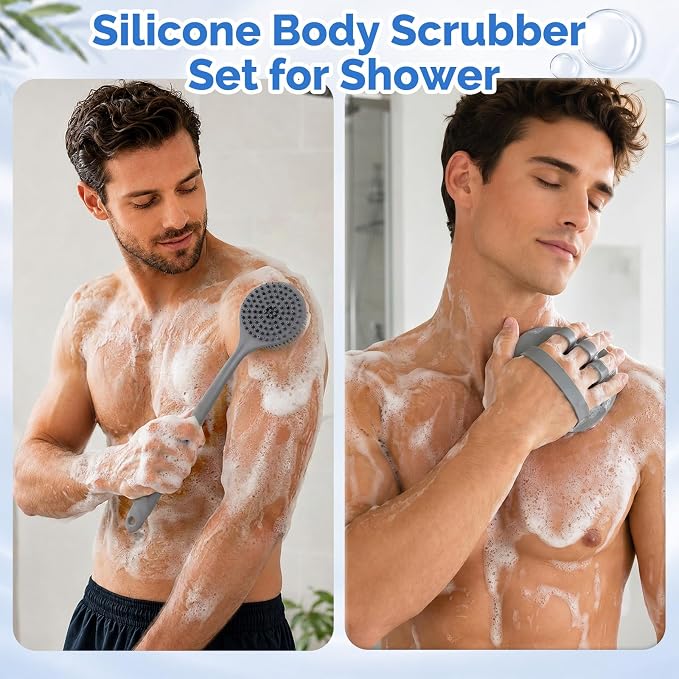 Manmihealth Silicone Back Scrubber & Soft Shower Brushes Set 2PCS Gray | Silicone Body Scrubber with Thin Dense Bristles & Bath Glove Brush Combination, Super Lathering & Exfoliating