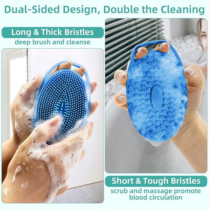Silicone Body Scrubber 4 Pack, Double-Sided Silicone Loofah Shower Body Scrubber for Men & Women, Soft Exfoliating Silicone Bath Scrubber with Hanging Handle, Quick Foaming Body Wash Scrubber 4 colors