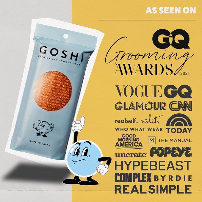 GOSHI Exfoliating Shower Towel - Long Body Scrubber, Orange | For back acne, KP & smooth skin, durable quick dry nylon washcloth, ethically crafted in Gunma, Japan