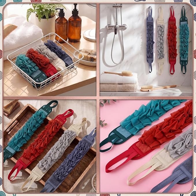 4 Pcs Exfoliating Back Scrubber for Shower Double Sided Exfoliating Washcloth with Strap Long Body Scrub Sponge Shower Loofah with Handle for Women Men Body Washing (Retro Color)