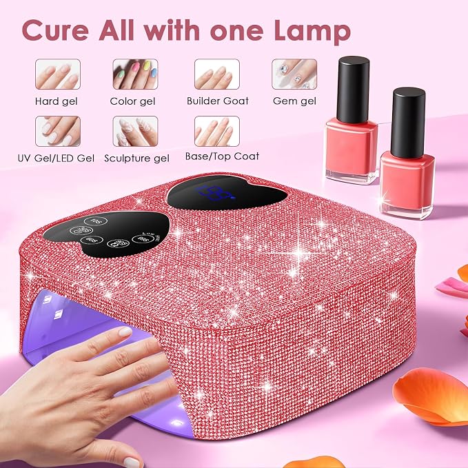 UV LED Nail Lamp Cordless, HUITINE 80W Rechargeable UV Light for Gel Nails | 5 Timers & Mirror Base, Professional Gel Light Dryer, Sparkling Rhinestones Curing Lamp for Salon & Home (Pink Diamond)