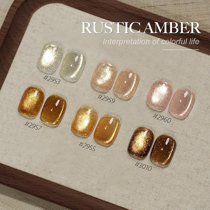GAOY Glitter Cat Eye Gel Nail Polish Set 6 Colors with Magnet, Gold Brown | 6 Fall Colors, Maillard Caramel Amber Nail Art DIY at Home, Salon Manicure Pedicure, UV Lamp Required, Gift for Women