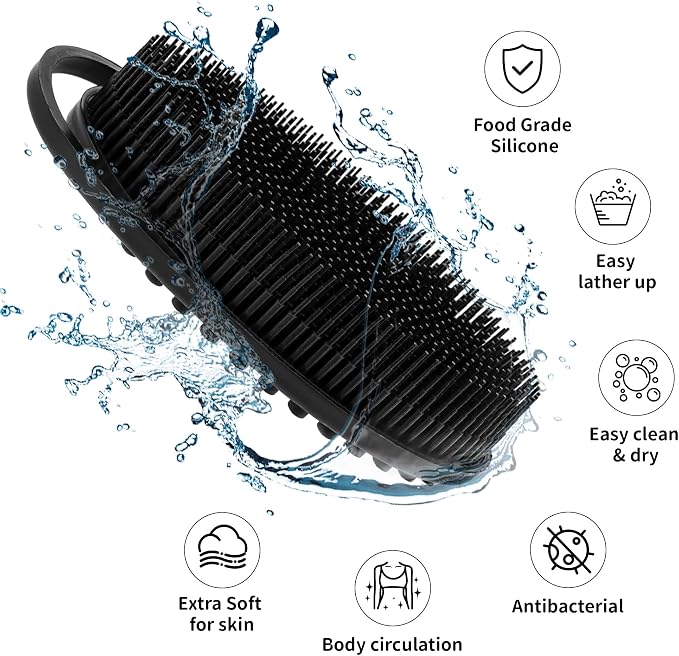 Silicone Body Scrubber Loofah – 2 Pack Soft Silicone Shower Scrubber, 2-in-1 Bath & Shampoo Brush, Gentle Loofah Alternative for Sensitive Skin, Fast-Drying, Black & Purple